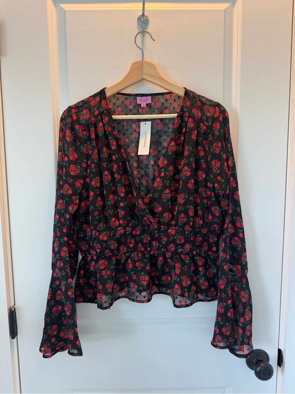 Black Floral Wrap Blouse with Red Rose Print
